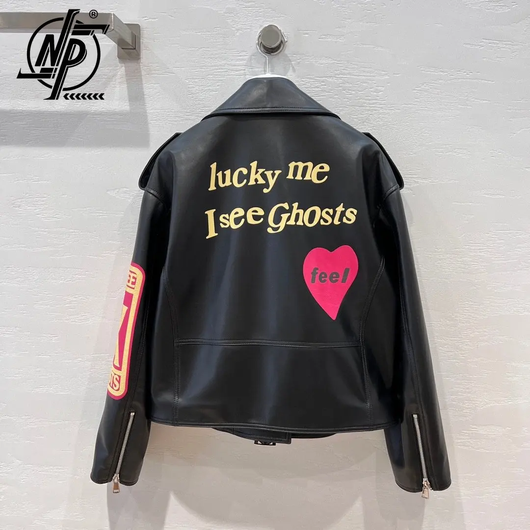 Chaqueta de cuero genuino para mujer, Chaqueta corta de béisbol con estampado de letras de diseñador de lujo, moda de industria pesada, ropa de calle de invierno