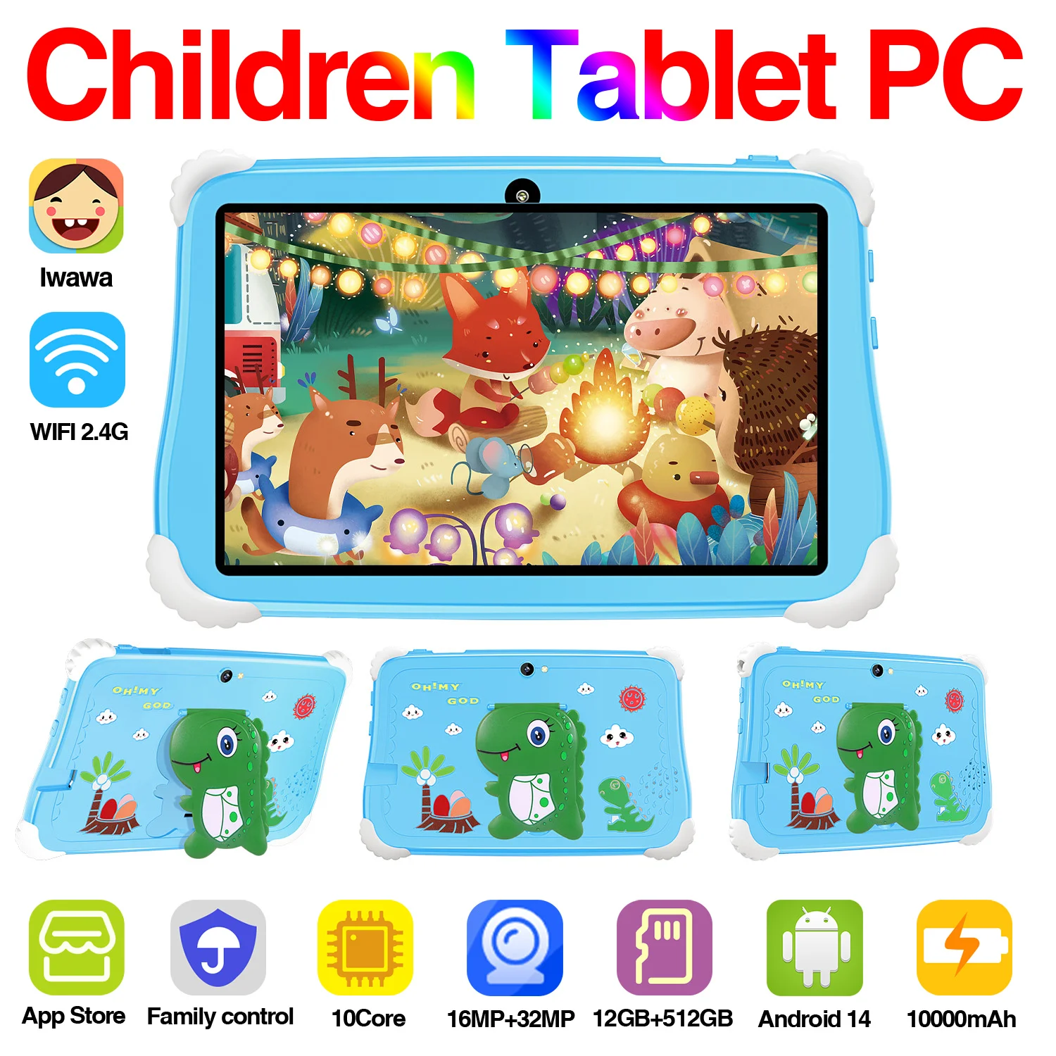 Global Edition Kids Android Tablet 10.1inch 12GB RAM 512GB ROM Bluetooth 5G WiFi Kids Toys Gift Student Tablet Slim and Portable