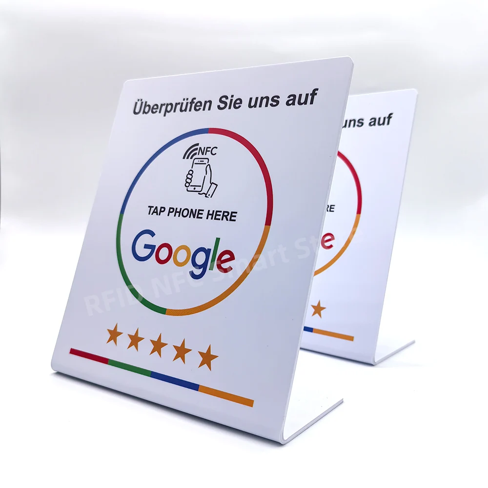 Überprüfen Sie uns auf NFC Stand Display Table Display 13.56MHz NFC Tap Card Stand Reivew us on Google NFC215 504bytes NFC Stand