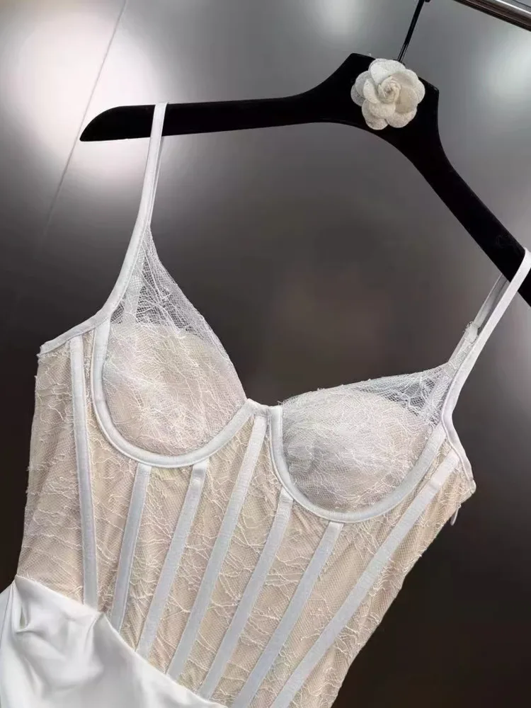 DFDG femmes printemps été blanc dentelle Cami robe Satin froncé jupe élégante fête Clubwear 2025 à la mode féminine robe de mode