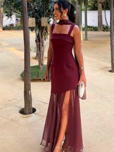 Imagen 2 del producto Vestido Sexy con cuello Halter para mujer, vestido largo sin mangas con dobladillo asimétrico y dobladillo con abertura, vestido sin espalda de verano 2025