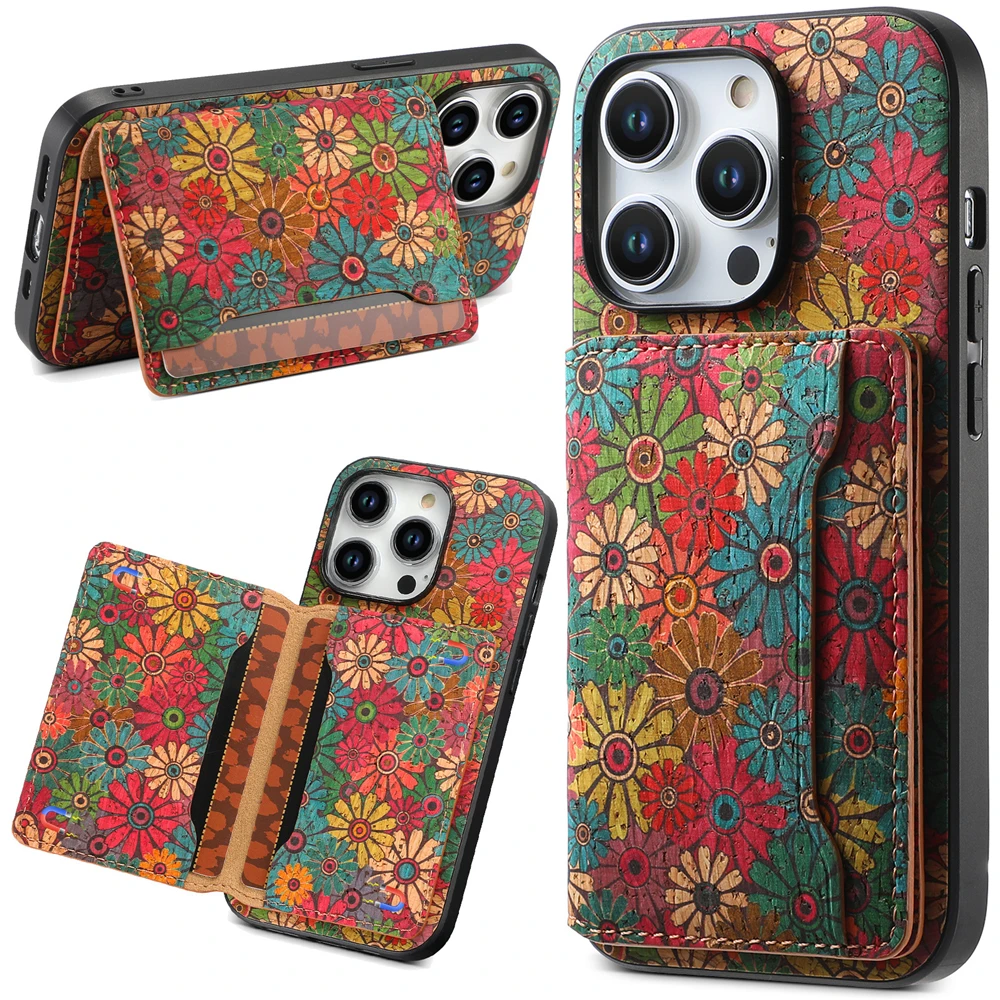 Card Slots Stand Leather Case For iPhone 18 Pro Max 14 13 12 15 16 17 Pro Max 16 Plus Floral Pattern Phone Wallet Bag Cover