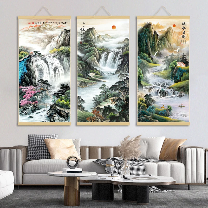 Full Screen Landscape Painting Banner Scroll Painting, Landscape Entrance Living Room Silk Calligraphy and Painting Gifts