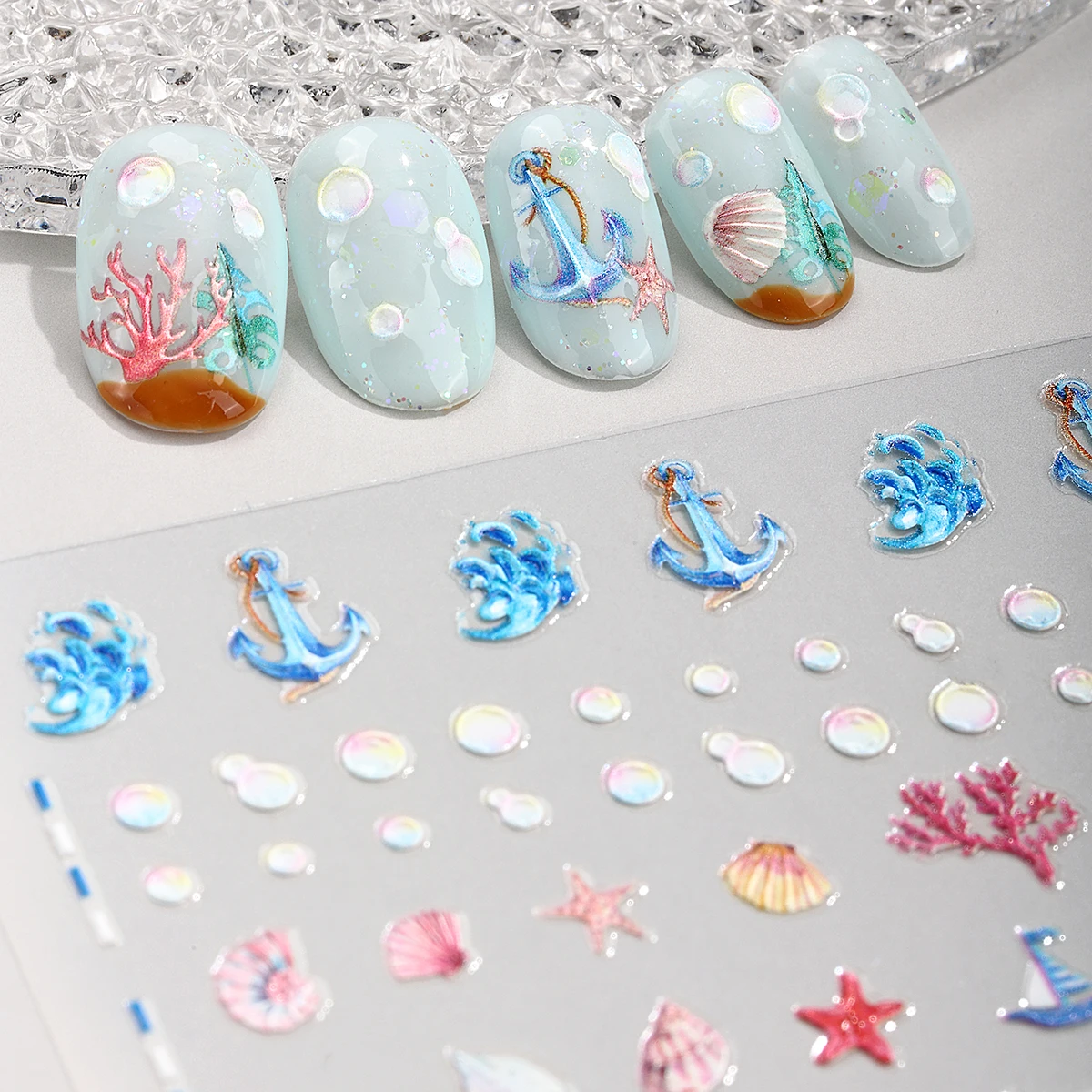 2pcs 5D Beach Ocean Nail Art Stickers Summer Jellyfish Coral Shell Bubble Adhesive Nail Decorations Decals Manicure Slider