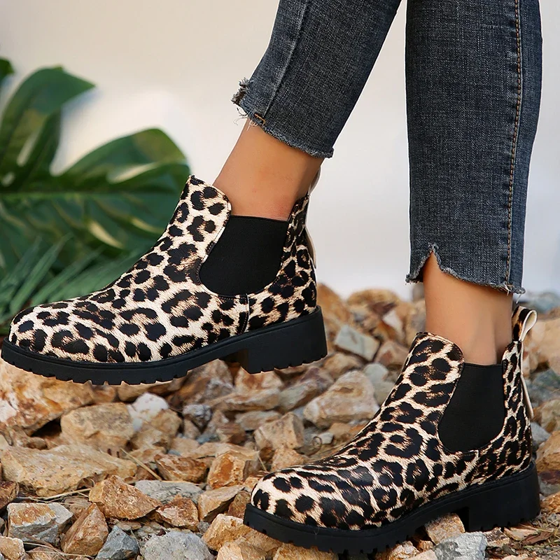 Fashion Leopard Chelsea Boots for Women 2023 Autumn Low Heels Woman Large Size Non-Slip Pu Leather Ankle Botas Mujer