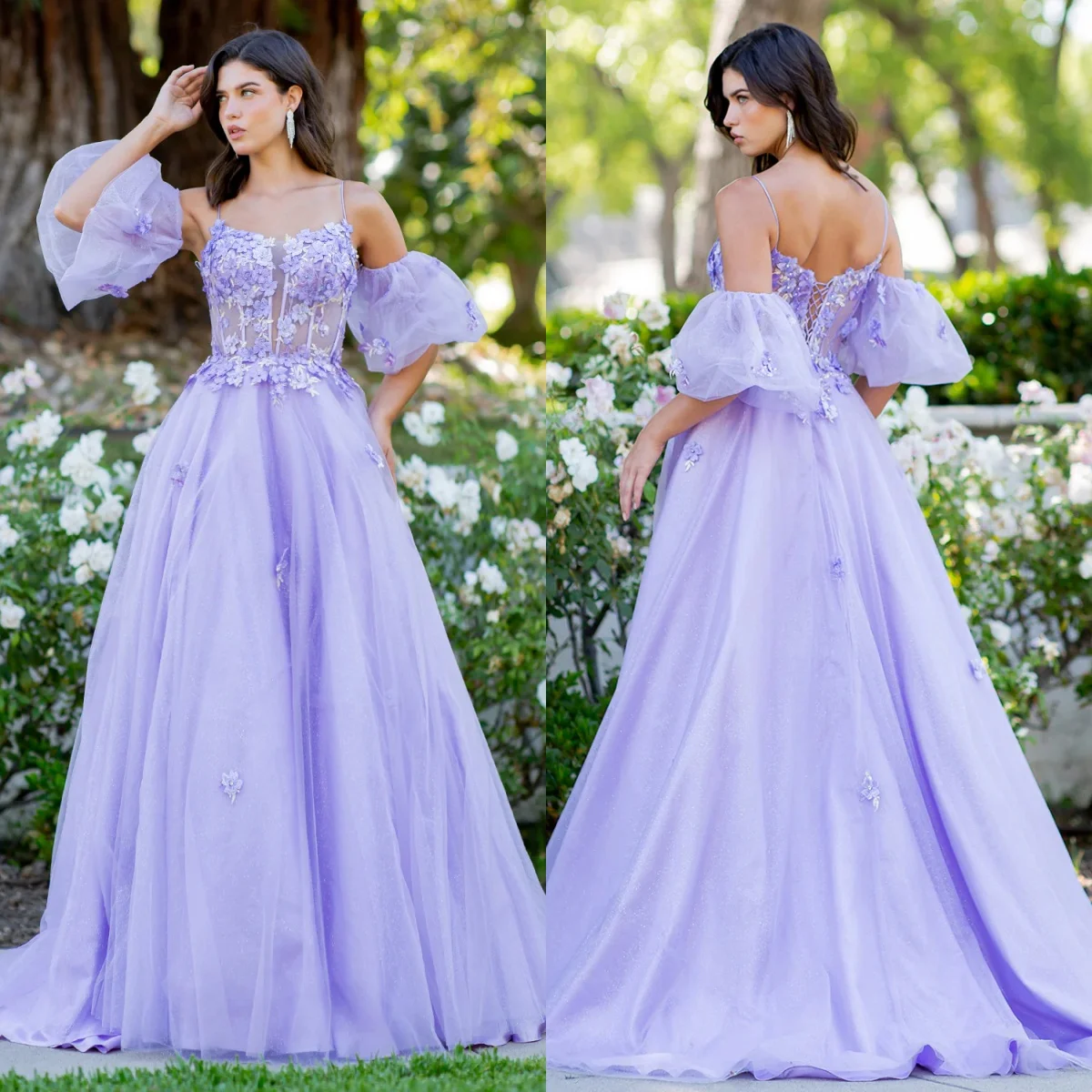 

Charming Lilac Prom Dresses Off Shoulder Lace A Line Evening Dresses Glitter Sequins Sweep Train Customized Wedding Guest Gowns