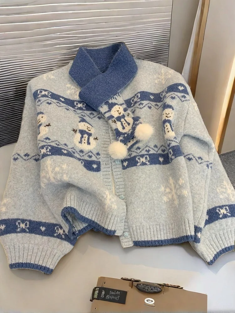 Conjunto de suéter y bufanda divertidos con diseño de muñeco de nieve para mujer, estilo informal, ropa exterior de otoño e i...