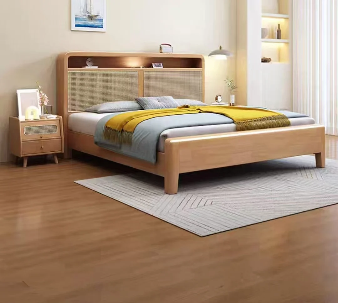 ！@New Design Multi-functional Bedroom Furniture Solid Wood Storage Rattan Bed Head Oak Drawers Wooden Rattan Bed Set