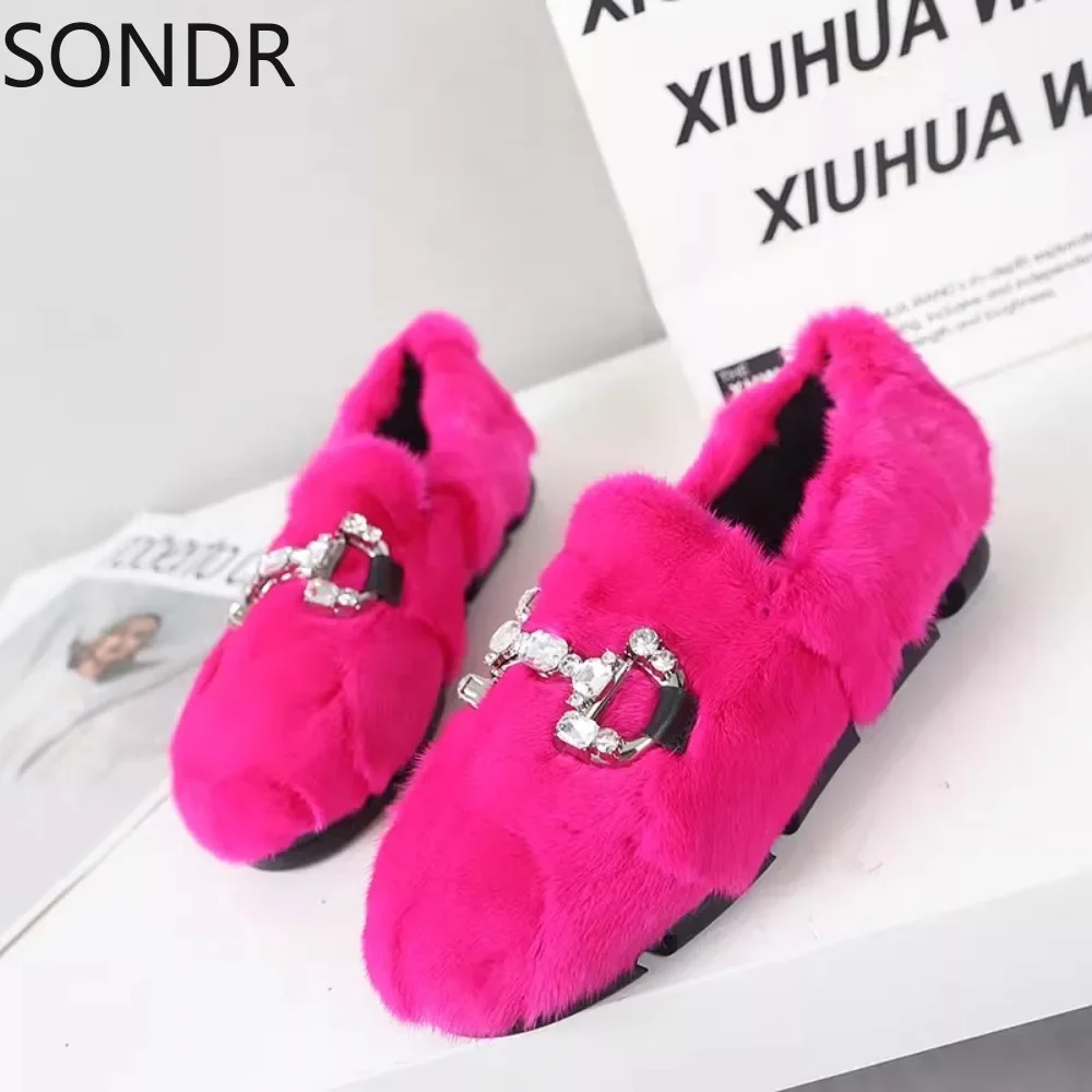 Womens Real Mink Fur Loafers Rhinestones Crystal Furry Flats Shoes Round Toe Warm Winter Snow 7Colors New 2024