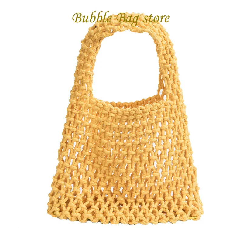 2024 New Summer Candy Color Cotton Rope Handbag Women's Hollow Mesh Bag Beach Vacation Bucket Bag Wrist Bag