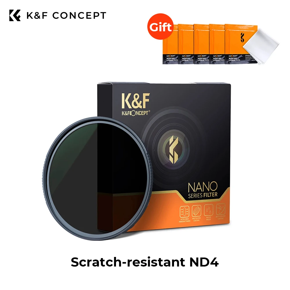 K&F Concept ND4 Fixed Neutral Density Lens Filter HD 28 Multi-Layer Coating Optical Glass for Camera with 5 PCS Cleaning Cloth