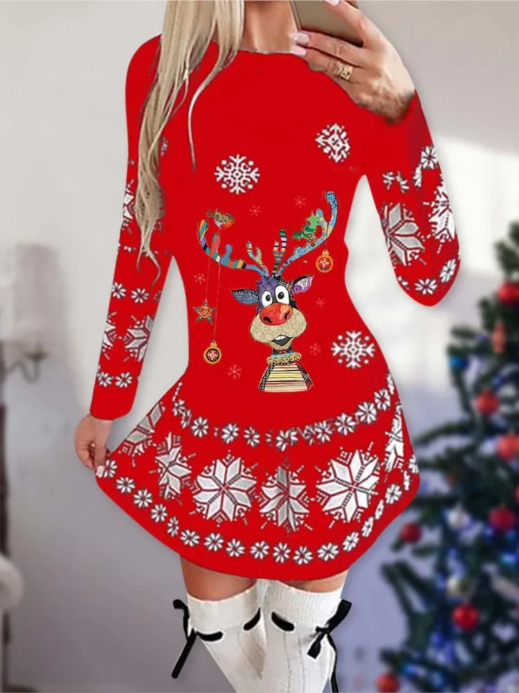 Autumn And Winter Women's New Mini Dress Long-sleeved Casual Round Neck Snowflake Deer Print Slim Dress For Female