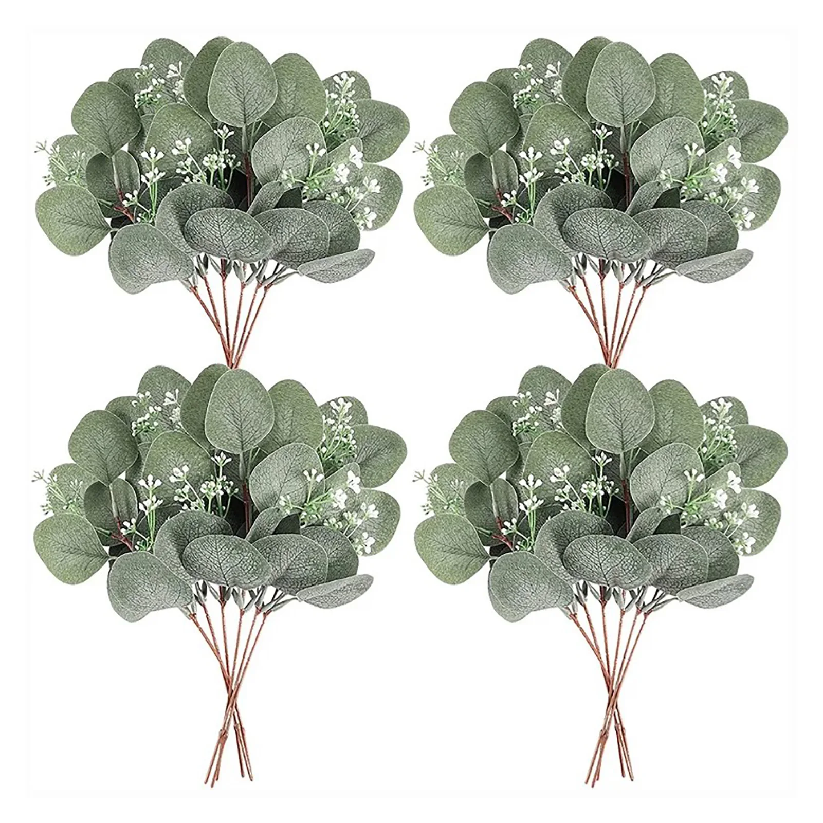 

24Pcs Artificial Eucalyptus Stem Branches Round Eucalyptus Leaf With White Flower Decoration Artificial Wedding Decorative Plant