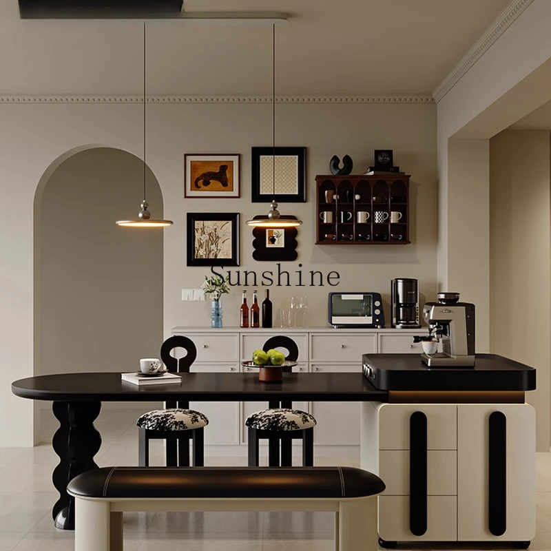 

French antique retractable island dining table integrated household small apartment arc pure black combination