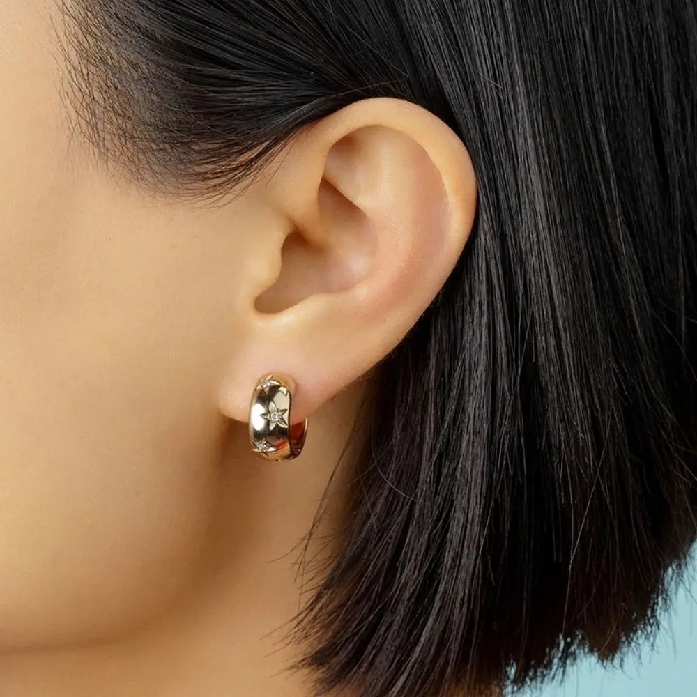 1Pair Crystal Embellished Chunky Hoop Earrings Star Accents Hinged Closure Star Hoop Earrings Chunky Profile Polished Finish