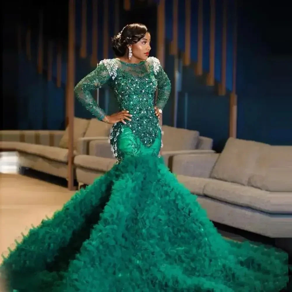 Green Ruffles Long Prom Dress Luxury Mermaid Beads Crystal Long Sleeves African Formal Evening Gown Special Occasions Customized