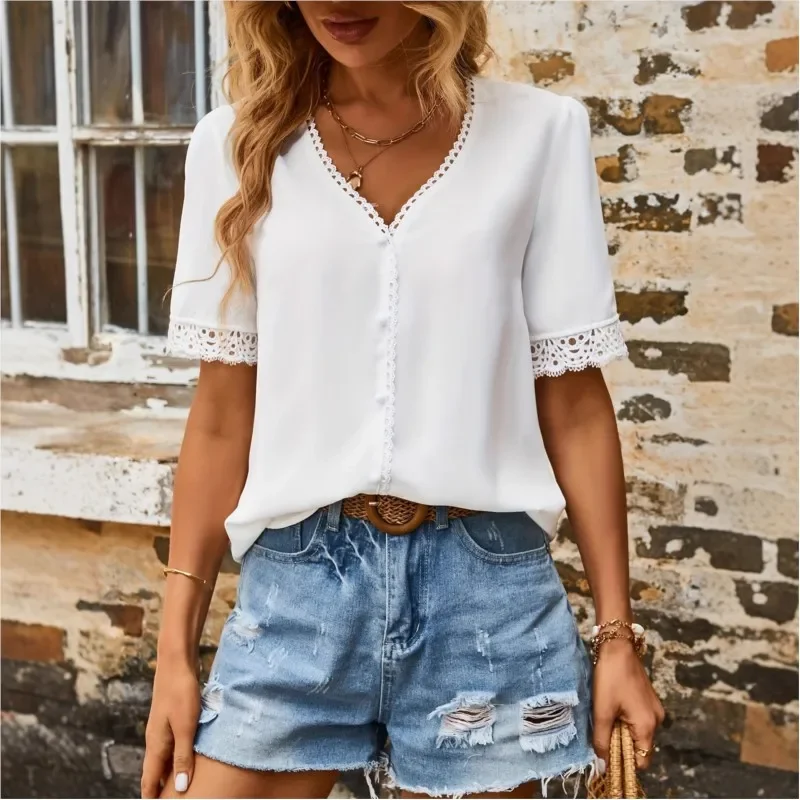 

Lace V-neck Single-breasted Short-sleeved Patchwork Solid Color Shirt Womens Summer Hollow Holiday Commuting All-match Shirt Top