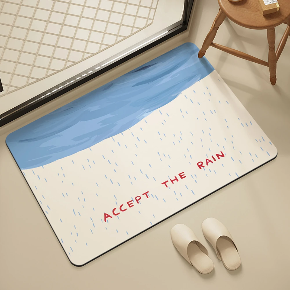 Blue Rain Letter Print Bath Mat Quick Dry Entry Rug Hand Drawn Raindrop Slogan Pattern For Household Bathroom Floor Pad