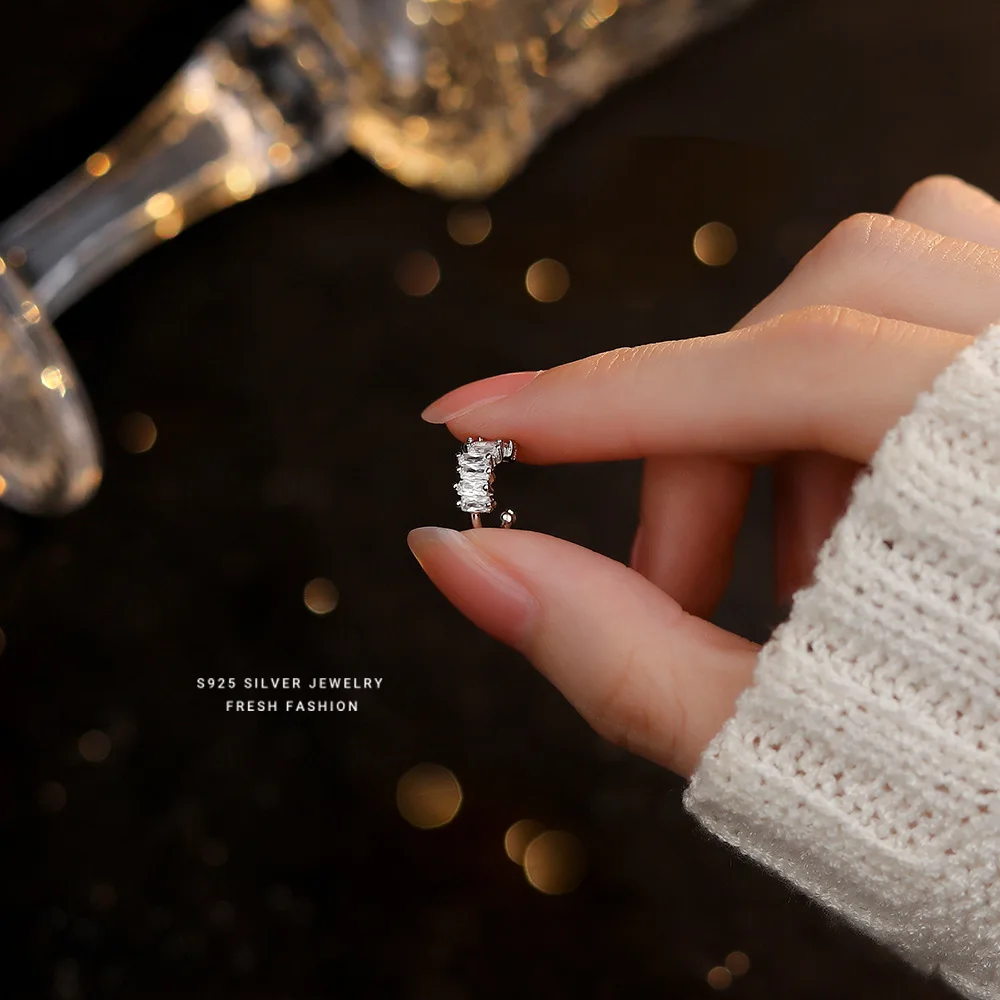 Girls Real 925 Sterling Silver French Square Zircon No Ear Piercing Earrings Gift for Women Girls Party Fine Jewelry Gift