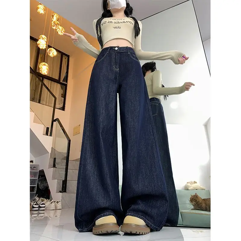 

New spring jeans make legs look longer2025Trendy dark blue loose wide-leg pants for women, high-waisted and slimming