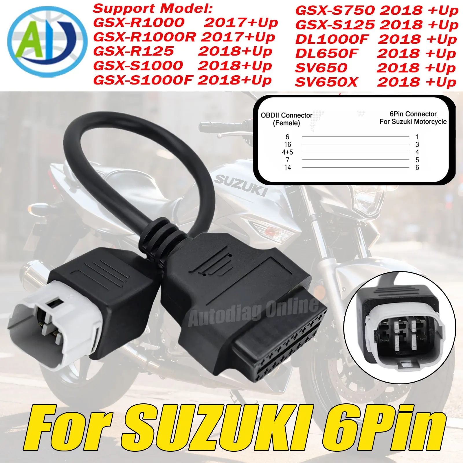 

For SUZUKI Motorcycle OBDII Diagnostic Cable For GSX R1000/1000R/R125/S125/S1000,DL1000F,SV650 6Pin to 16Pin OBD2 Adapter Cable