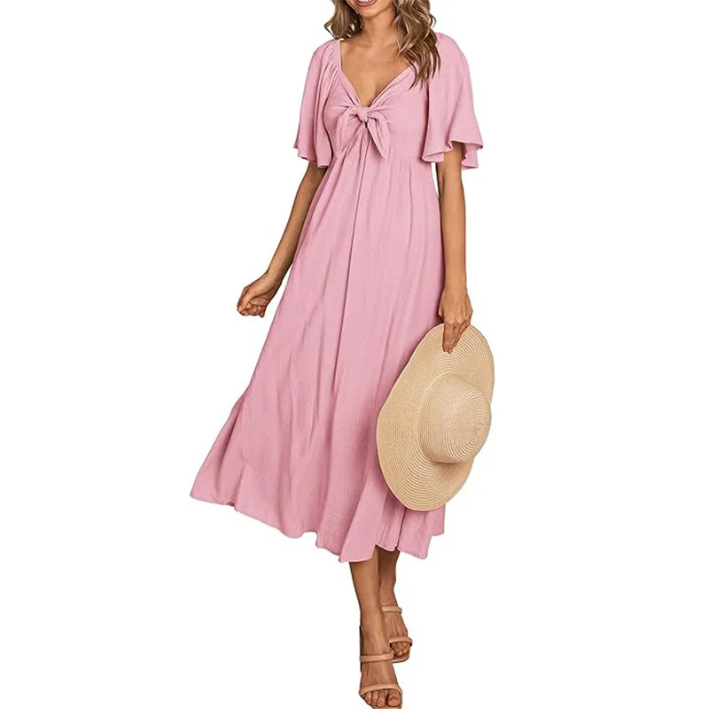 

New Summer Women Short Sleeve Bow Tie V Neck Ruffled Long Flowy Dress Elegant Casual Fashion Stylish Comfortable Trendy Chic