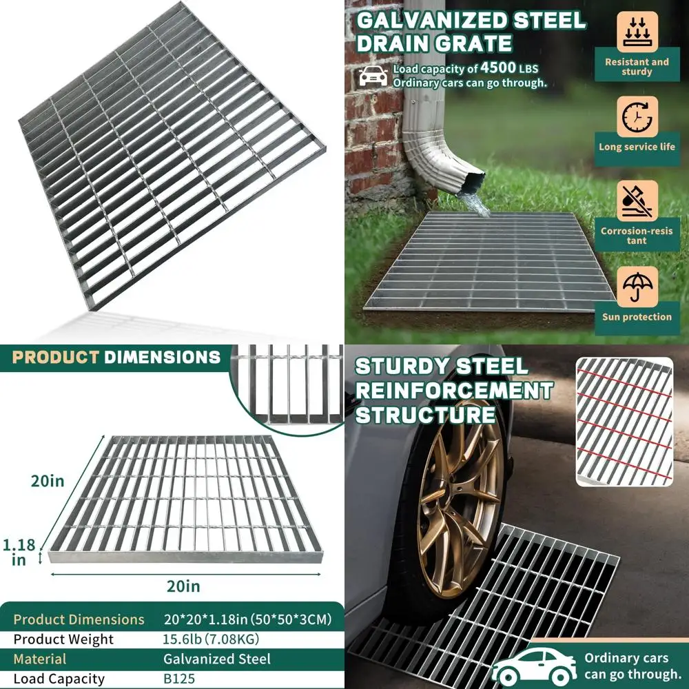

Heavy Duty 20x20 Inch Galvanized Steel Sewer Grate, Class B125 Drain Cover, Weather-Resistant Outdoor Channel Grate for Durable