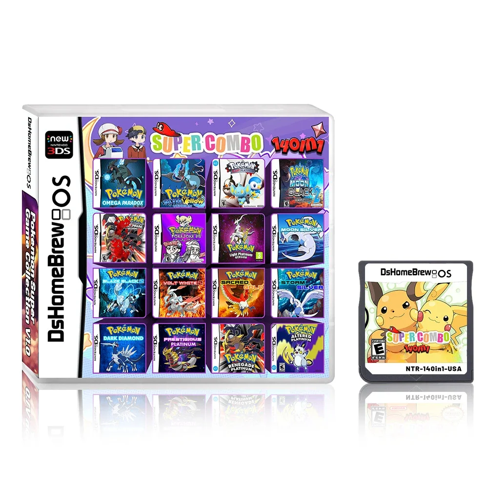 NDS Pokémon Jogo Combo cartão NDS Pokémon 140 em 1 Coleção de jogos Versão americana Inglês