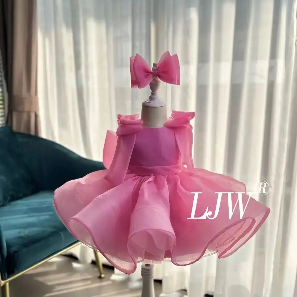 

New pink straight shoulder girl wedding dress soft lace girl 2025 Bow Carnival, party princess dress Cute girl ritual dress