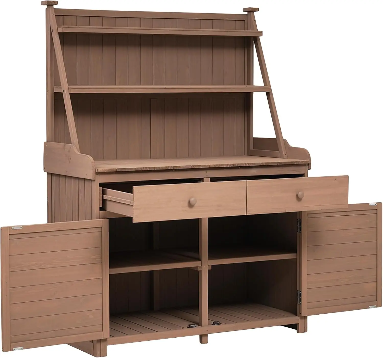 65inch Large Garden Potting Bench Table with 2 Drawers, Cabinet and Open Storage Shelves, Farmhouse Fir Wood Workstation