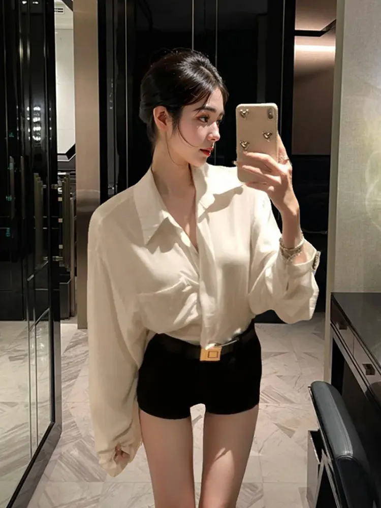 

Profional Commuter Sle Loose Fit Long Sve White irt Женский осенний повседневный комплект тонких брюк для похудения