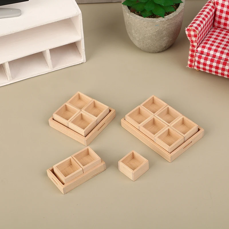 1:12 Dollhouse Miniature Wooden Tray with Compartment Food Box and Lid Livingroom Bedroom Furniture Dollhouse Accessories Decor