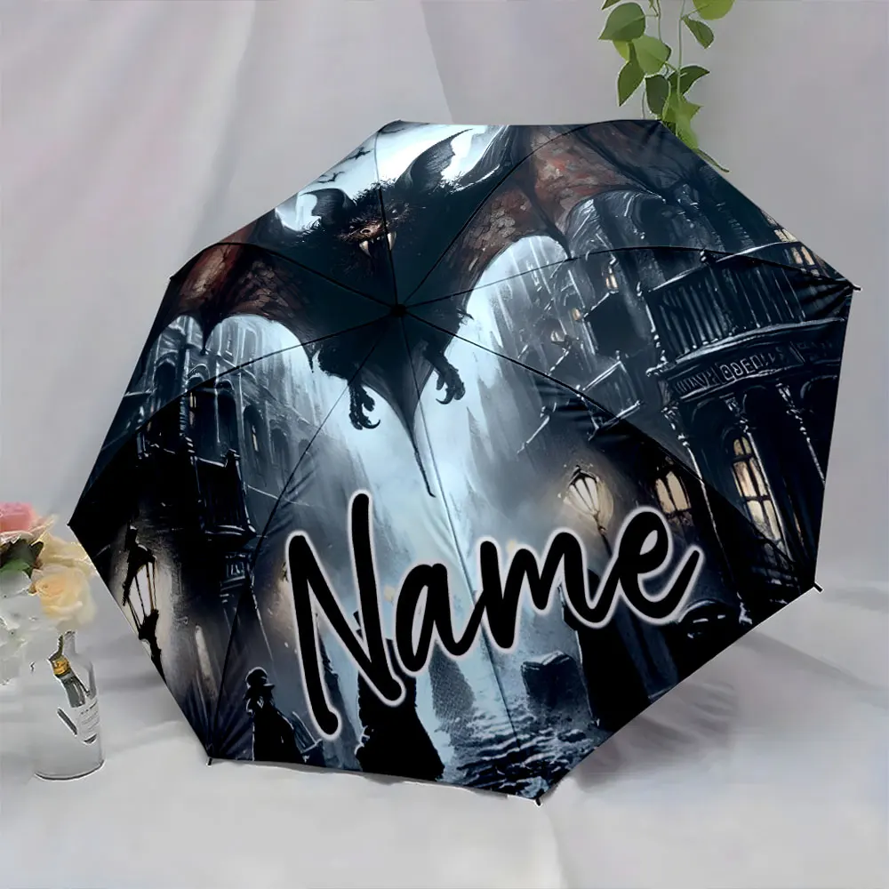 Custom Name Umbrella Gothic Bat Illustration Umbrella Design Print 8 Iron Ribs Folding Umbrella Auto-Open Fashion Sunshade