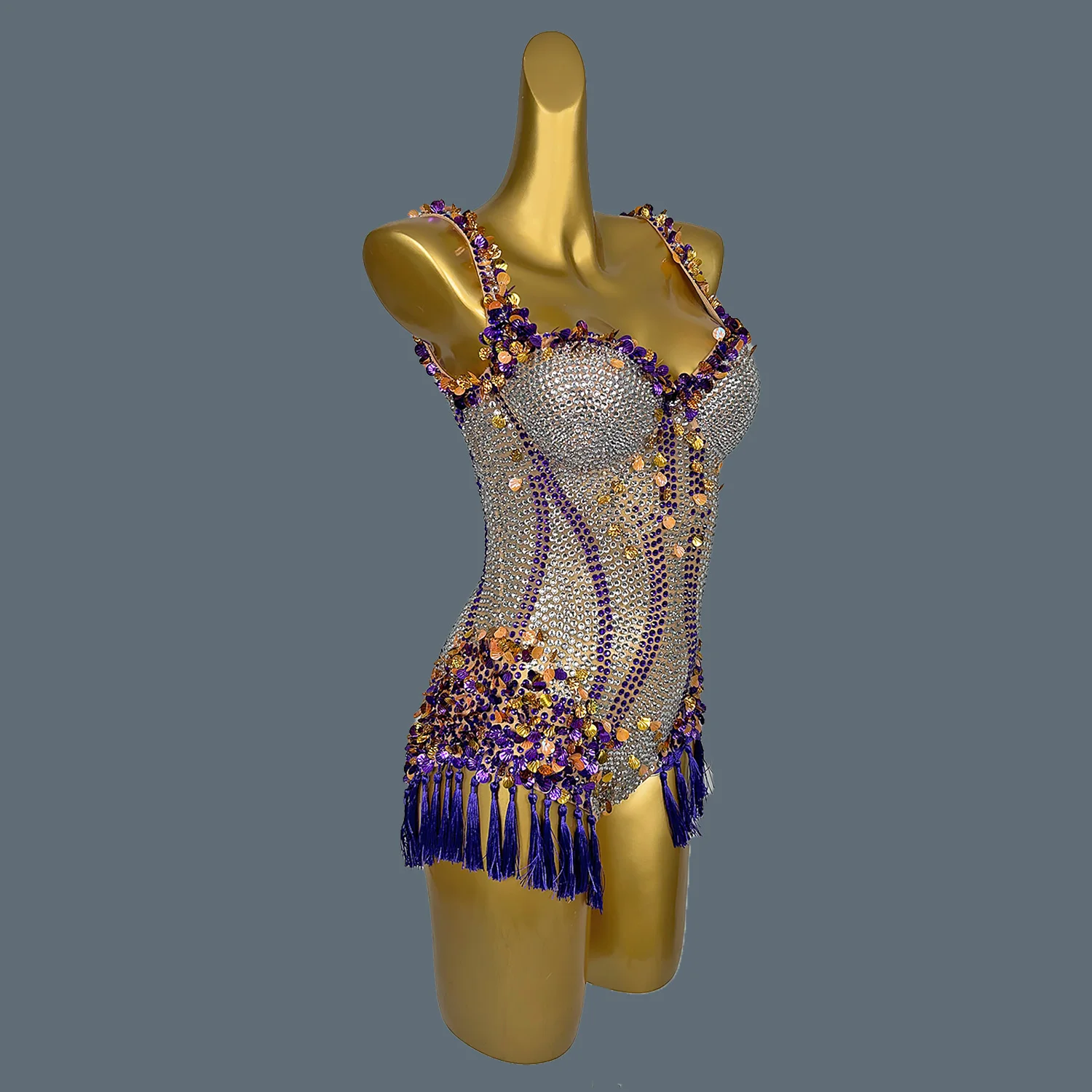 

Rhinestones Sequins Shell Sexy Bodysuit Full Diamond Beaded Tassel Party Stage Show Leotard Singer Bodycon Wear High-end Nanning