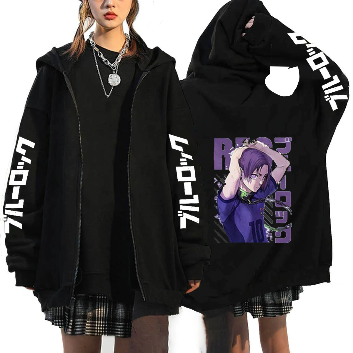 Harajuku Anime Blue Lock Isagi Yoichi Printed Zipper Hoodies For Men Women Fall Winter Fleece Sweatshirt Male Zip Up Jacket Coat