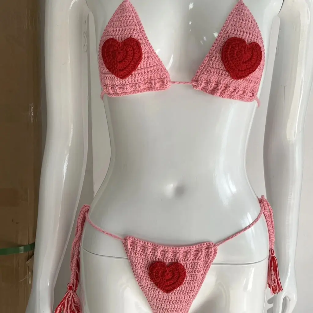 Różowy czerwony Sweetheart szydełkowe stringi zestaw bikini ośrodek Sexy Boho stringi strój kąpielowy brazylijski strój plażowy uroczy kostium