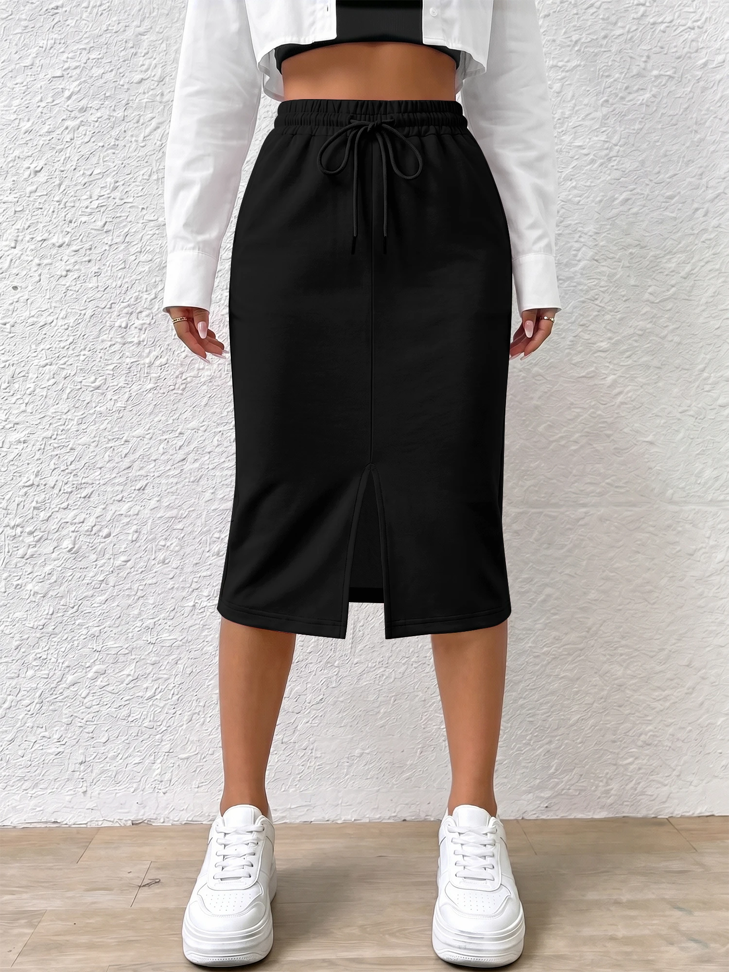Commuter‑Friendly Terry Midi Skirt, Clean Front Split Design, Soft Sweat Knit, Casual Office Drop‑in & City Transit Wear