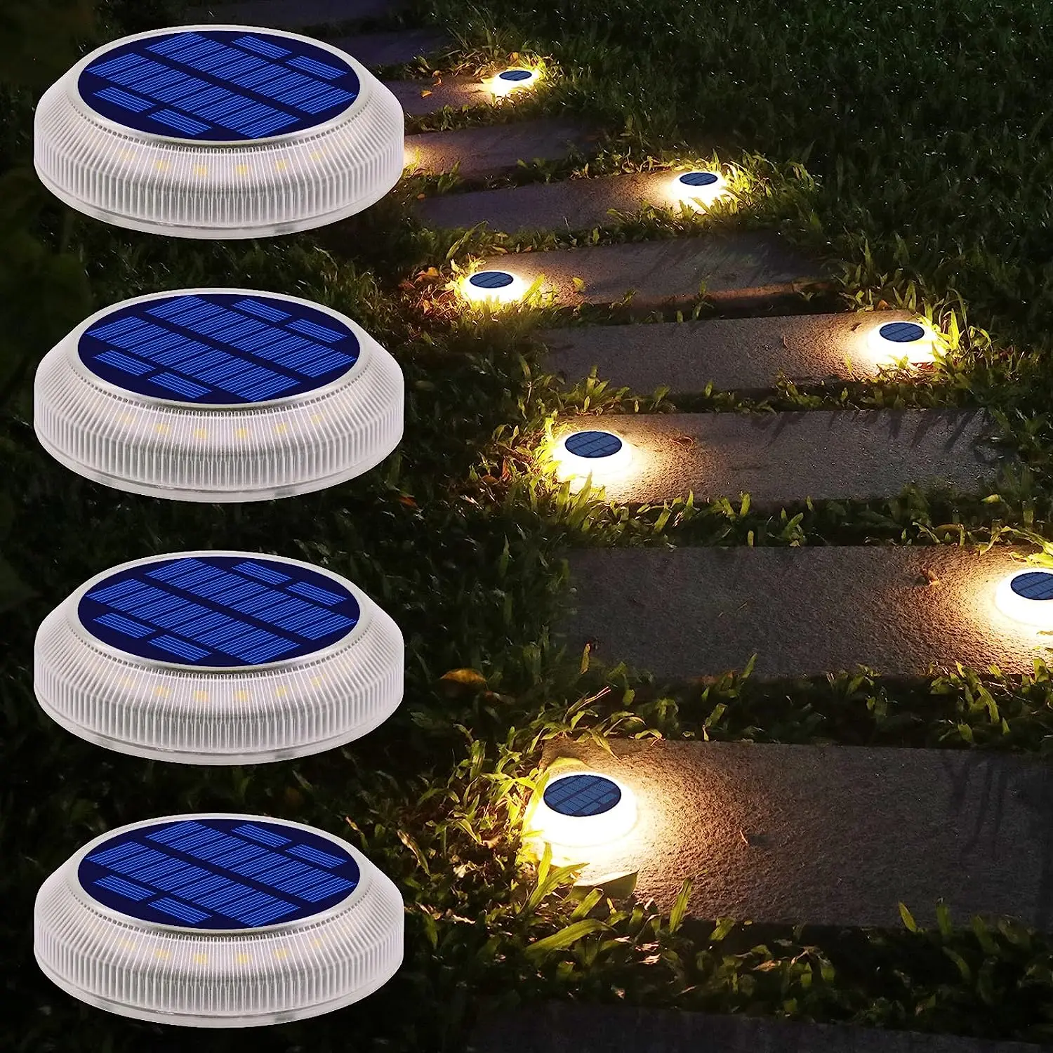 Solar Deck Lights 4 Pack Outdoor LED Step Lights Waterproof IP68 Solar Garden Decor Lights For Stair Yard Patio Pathway Driveway