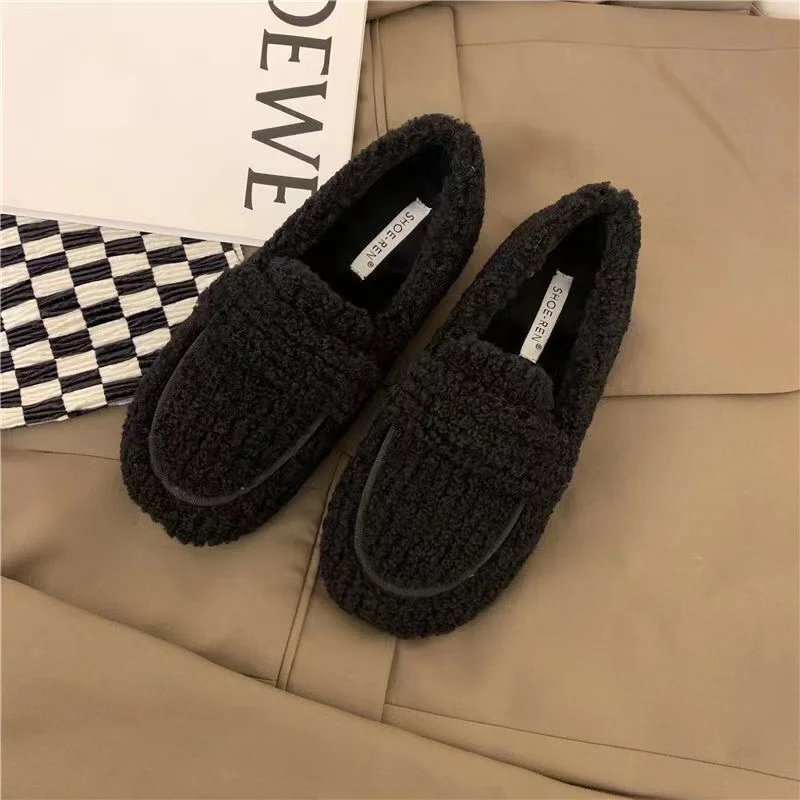 2022 Luxury Lambswool Cotton Shoes Women Loafers Winter Warm Fur Plush Casual Flats Slip on Autumn Mocasines Mujer