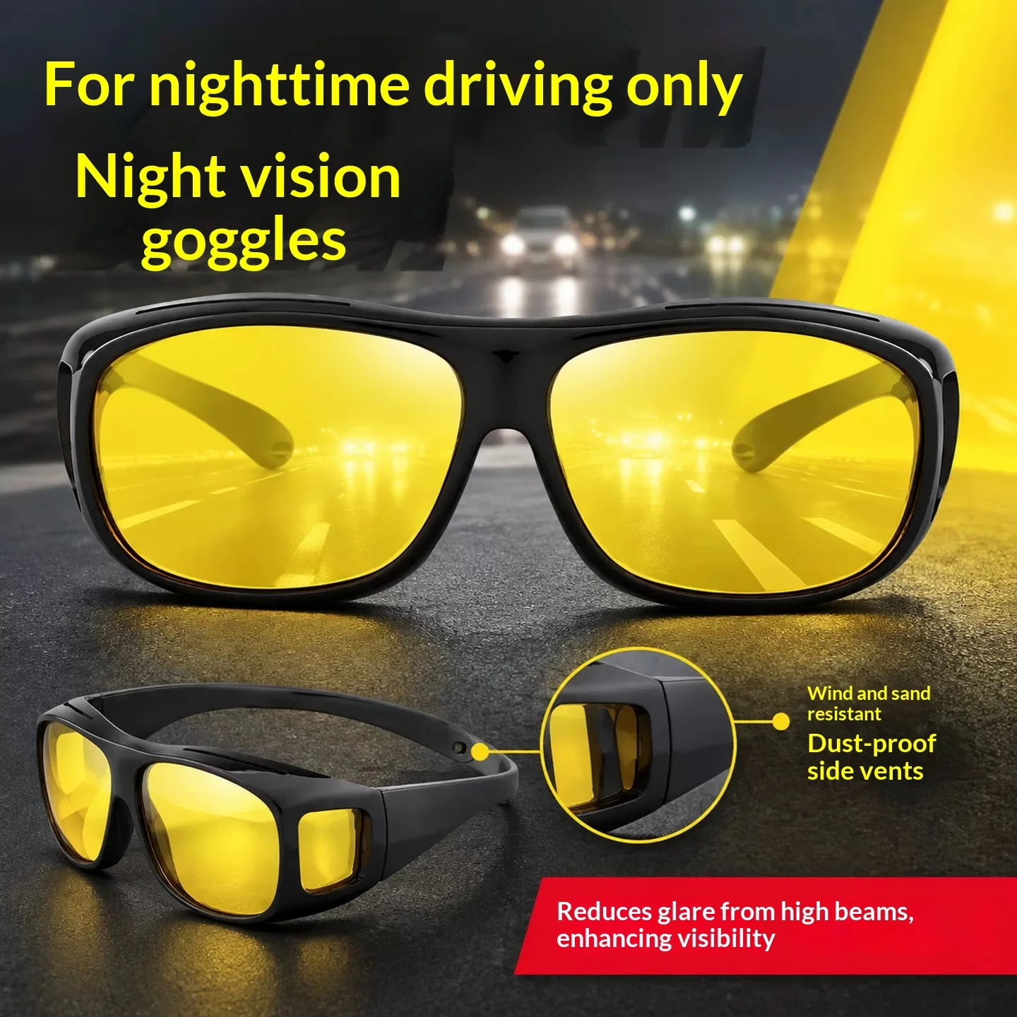 Night Vision Driving Glasses Anti Glare Car Sunglasses for Driver, Yellow Lens Night Driving Goggles Windproof