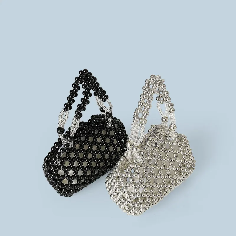 Black Silver Round Acrylic Beads Beaded Handbag Luxury Design Hand-woven Shining Hollow Out Evening Bag Wedding Party Clutches image 6
