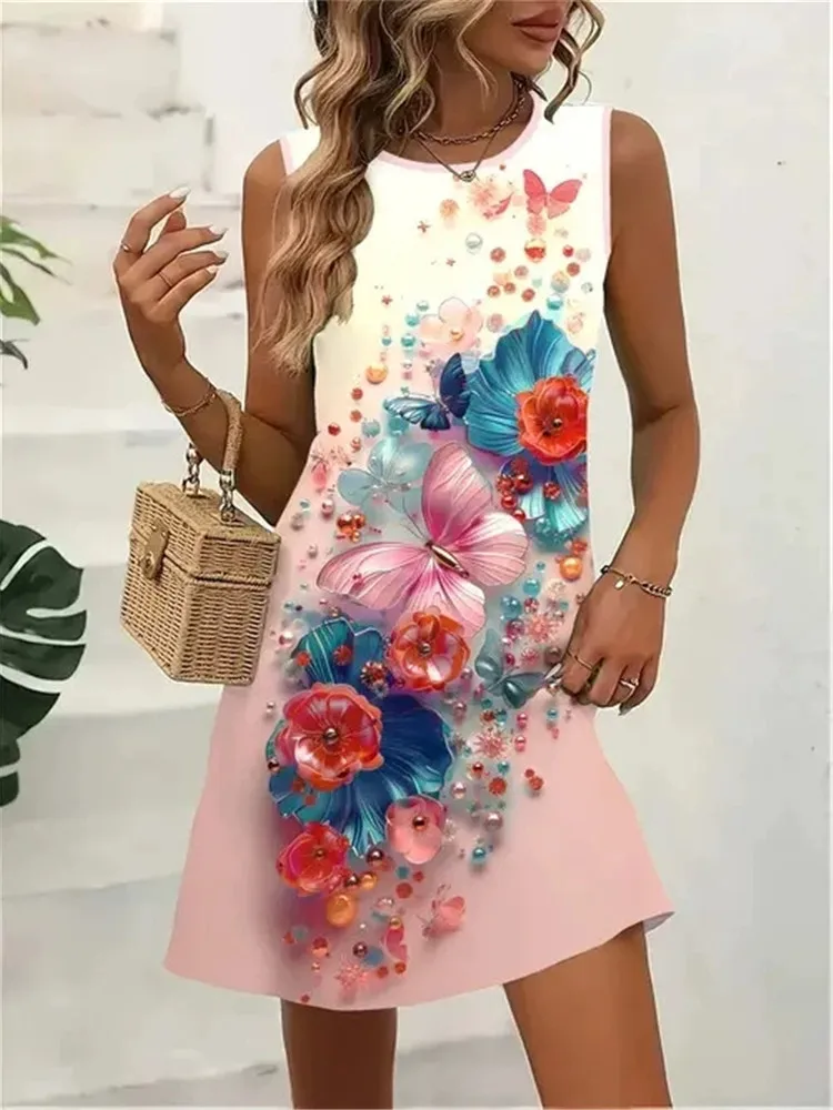 Blumen-Schmetterlingsdruck-Kleider für den Sommer 2022, Damen-Vintage-ärmelloses Minikleid, lässige Weste, lockeres Strand-Kurzkleid, Sommerkleid