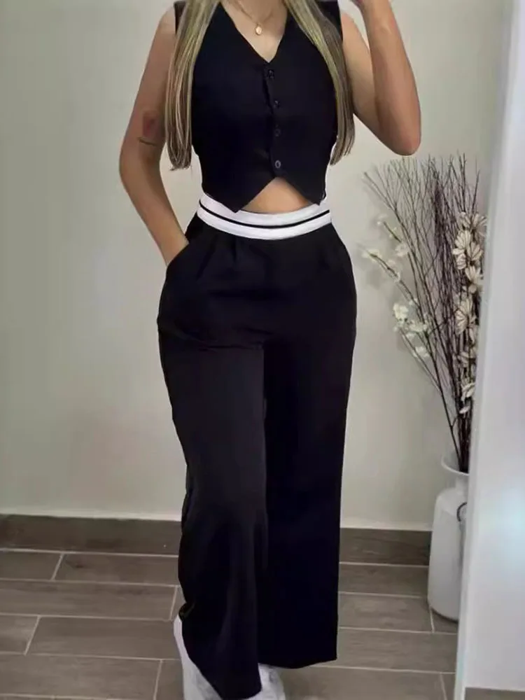 Women's Sexy Black 2 Piece Sets Fashion Hot Girls Wear Contrasting Color V-neck Waistcoat  Wide-leg Trousers Casual Suits Women