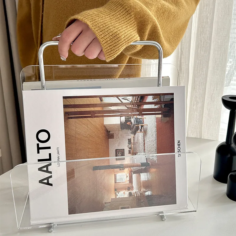 

Acrylic Desktop Magazine Rack with Handle Portable Book Newspaper Storage Shelf for Living Room Sofa Side Model Home Decoration