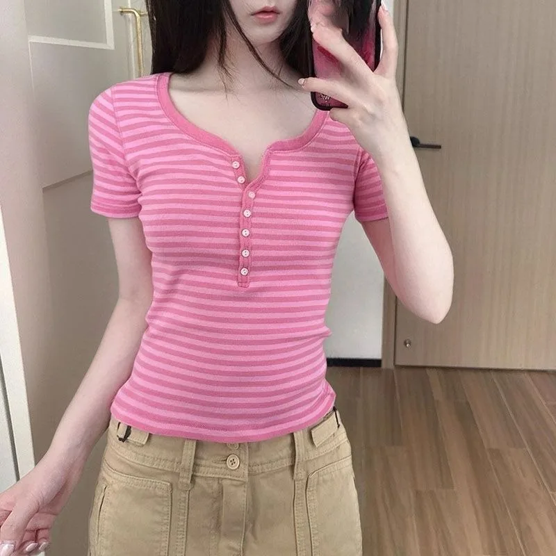 Y2k Clothes T Shirt For Women Stripes Spring Summer Sexy Ropa De Mujer Slim Fit Korean Fashion Versatile Retro Short Tees