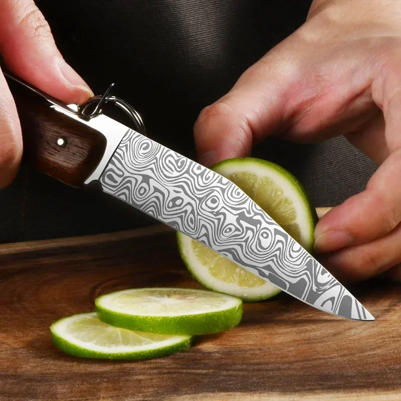 Seiko pocket folding knife, Damascus grain, outdoor sharp multi-functional camping barbecue knife,portable pull ring fruit knife