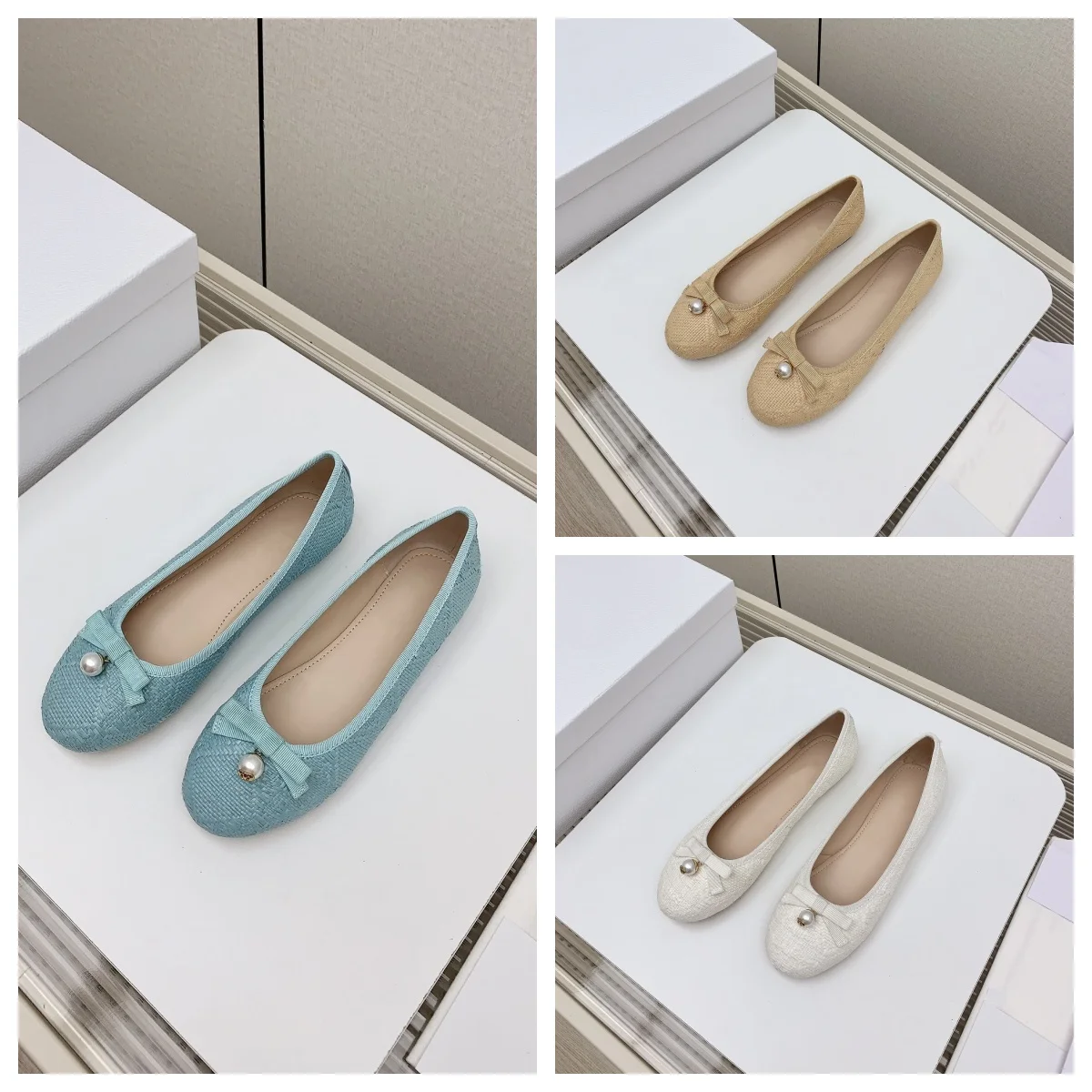 

New pearl bow ballet shoes female leather flat bottom electric embroidery four seasons comfortable shallow mouth single shoes