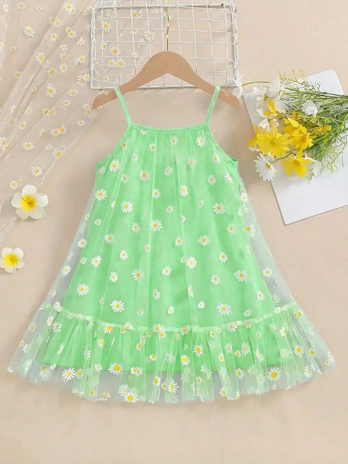 Children's Summer Dress Elegant Daisy Print Mesh Layered Strap Yellow Green Blue Ruffle Bottom Girls Outfit
