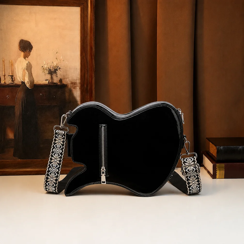 Vintage Electric Guitar Shaped Women Crossbody Bag Red Black Heart Print Novelty Rock Punk Shoulder Bag Wide Jacquard Strap
