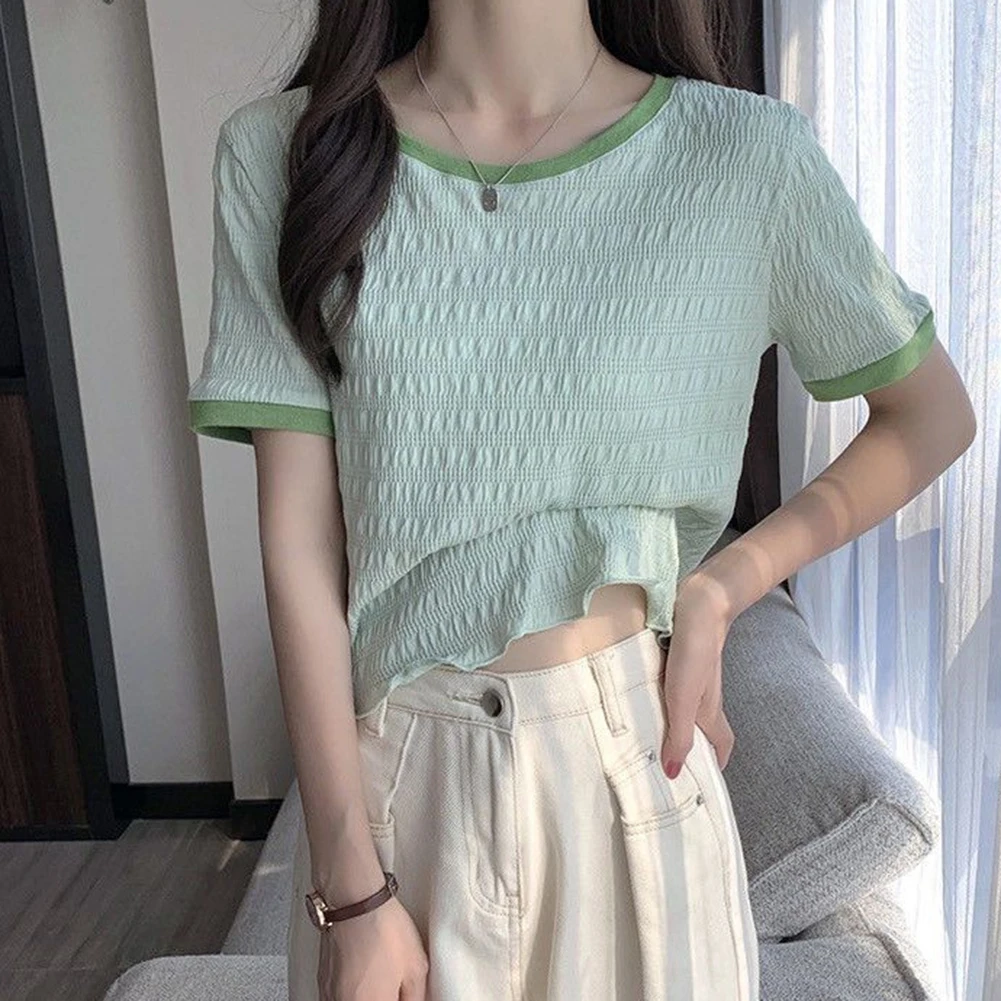 Casual Outing Everyday Use Fashion Cropped Top Simple Style Casual T-shirt Crew Neck Top Ruffled T-shirt Crew Neck